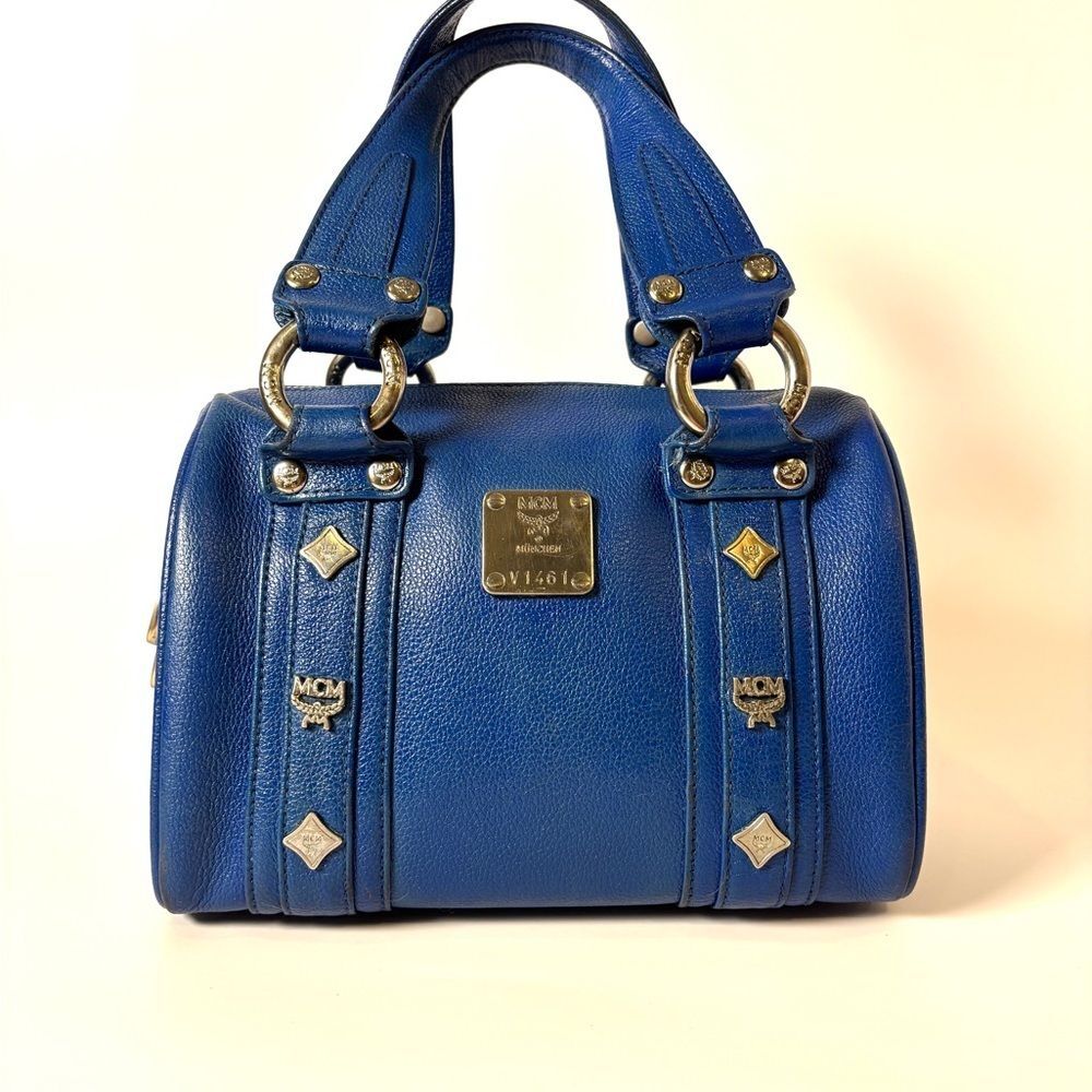 MCM Blue Leather Boston Bag – Logo Studded Vintage Satchel